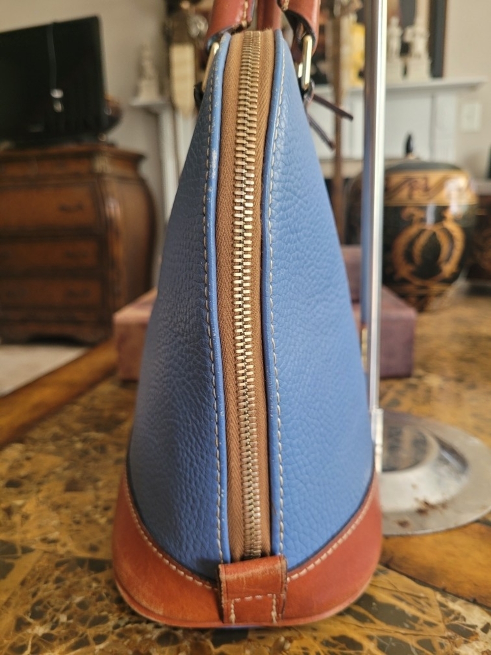 Dooney & Bourke Blue Leather Satchel with Brown Trim - Picture 4 of 11